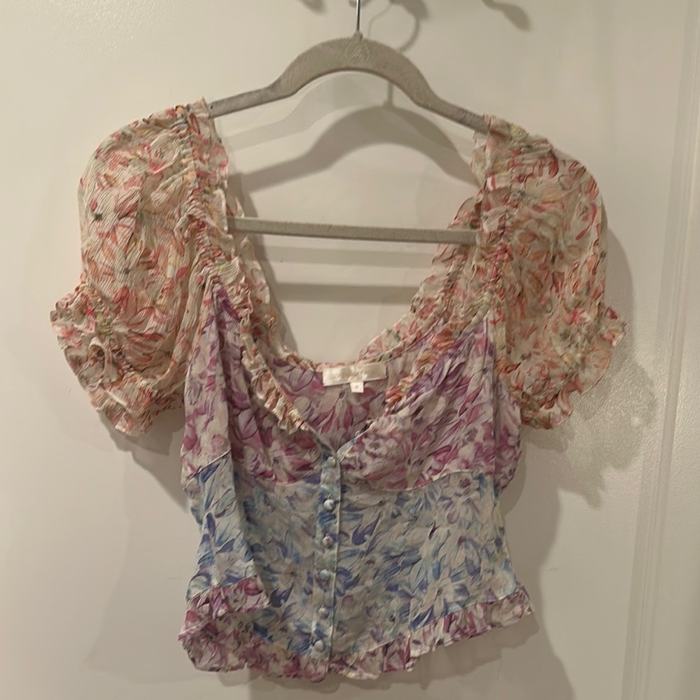 LoveShackFancy Pink and Blue Puff Sleeve Ruched Blouse